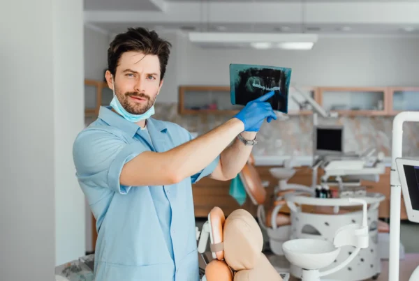 Dentysta w pracy pokazuje zdjęcie rtg.